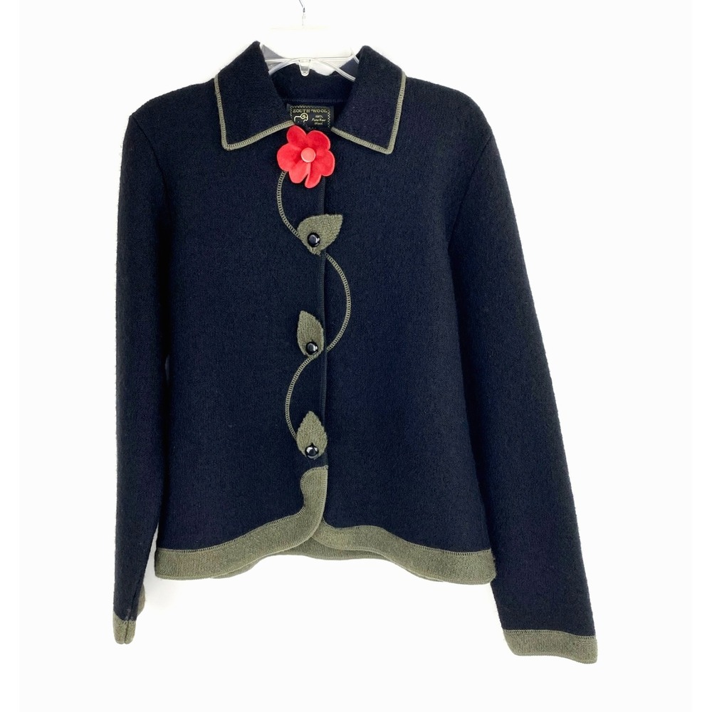 South Wool Cardigan Jacket Womens M Virgin Wool Black Luxury Sweater Coat